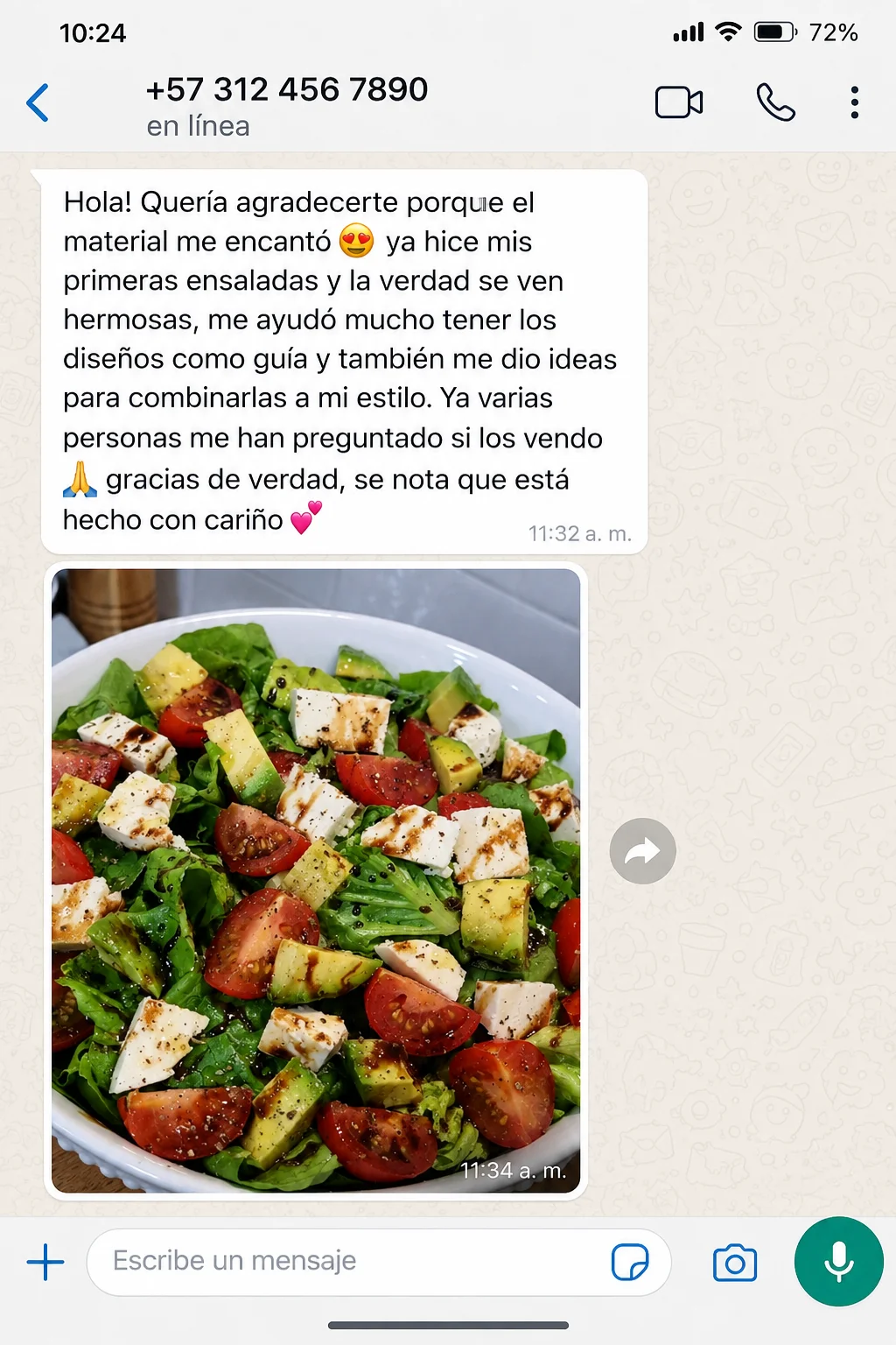 Testimonio de WhatsApp con foto de una ensalada servida en plato