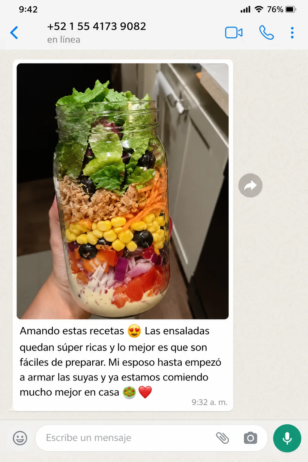 Testimonio de WhatsApp: ensalada en frasco preparada en casa