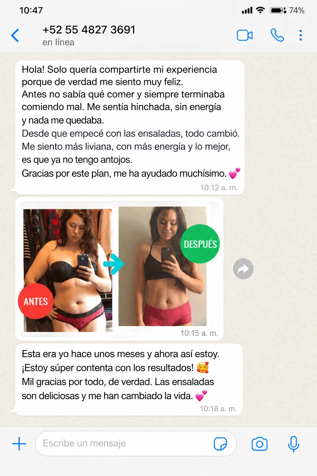Testimonio de WhatsApp con comparación de antes y después