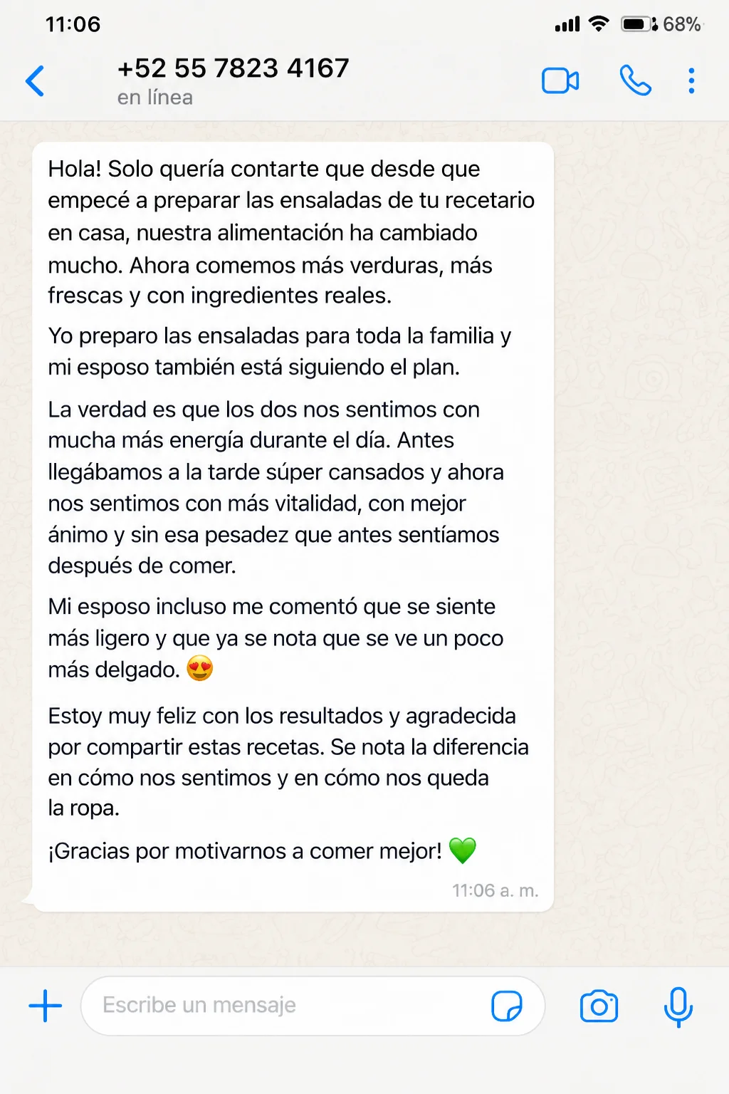 Testimonio de WhatsApp de una familia que ahora come más verduras