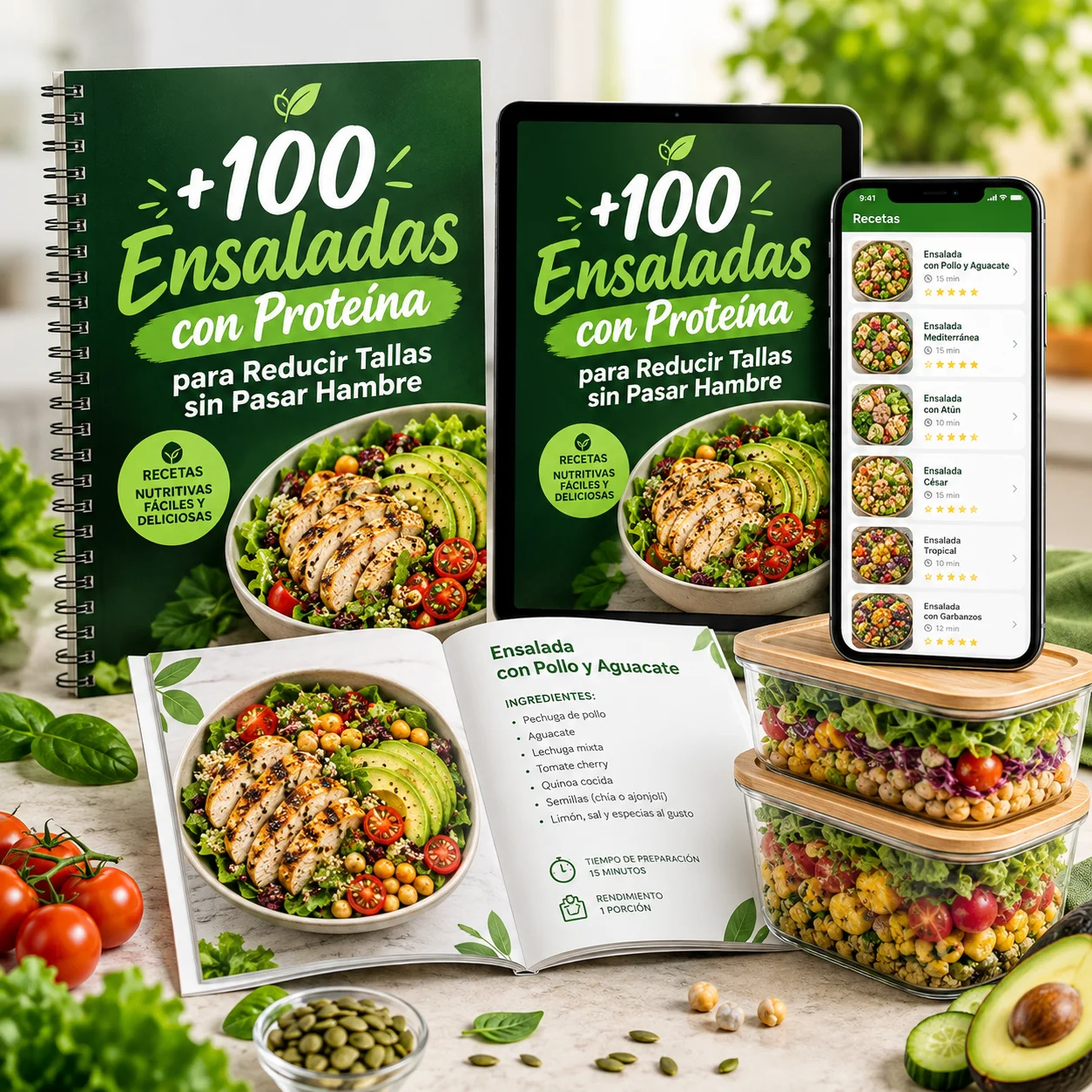Libro digital +100 Ensaladas con Proteína para Reducir Tallas sin Pasar Hambre