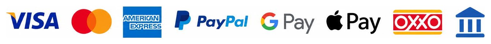 Métodos de pago: Visa, Mastercard, American Express, PayPal, Google Pay, Apple Pay, OXXO y transferencia